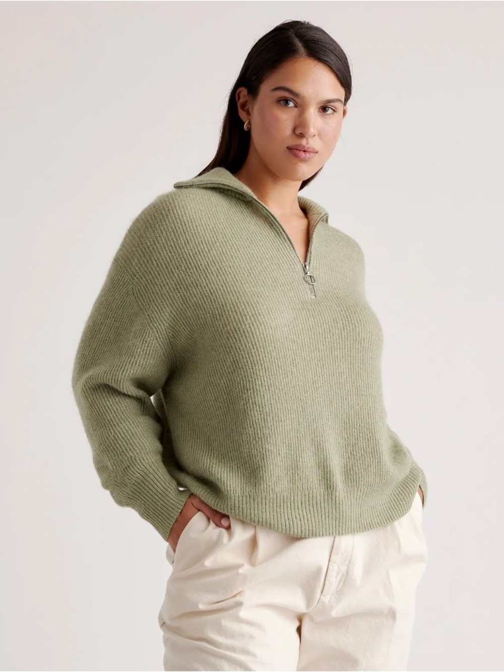 Quince Ribbed Half-Zip Sweater in Sage